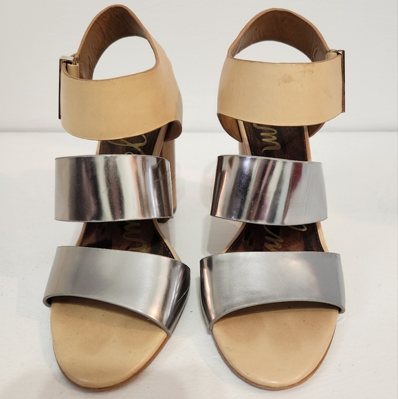 Sam Edelman "Yelena" Metallic Mirror Strap Nude Chunky Block Heels - Picture 3 of 12
